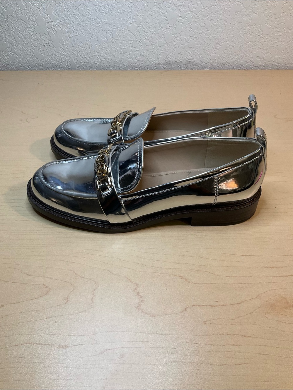 Sam Edelman Metallic Silver Chain-Trim Loafers - Picture 3 of 7